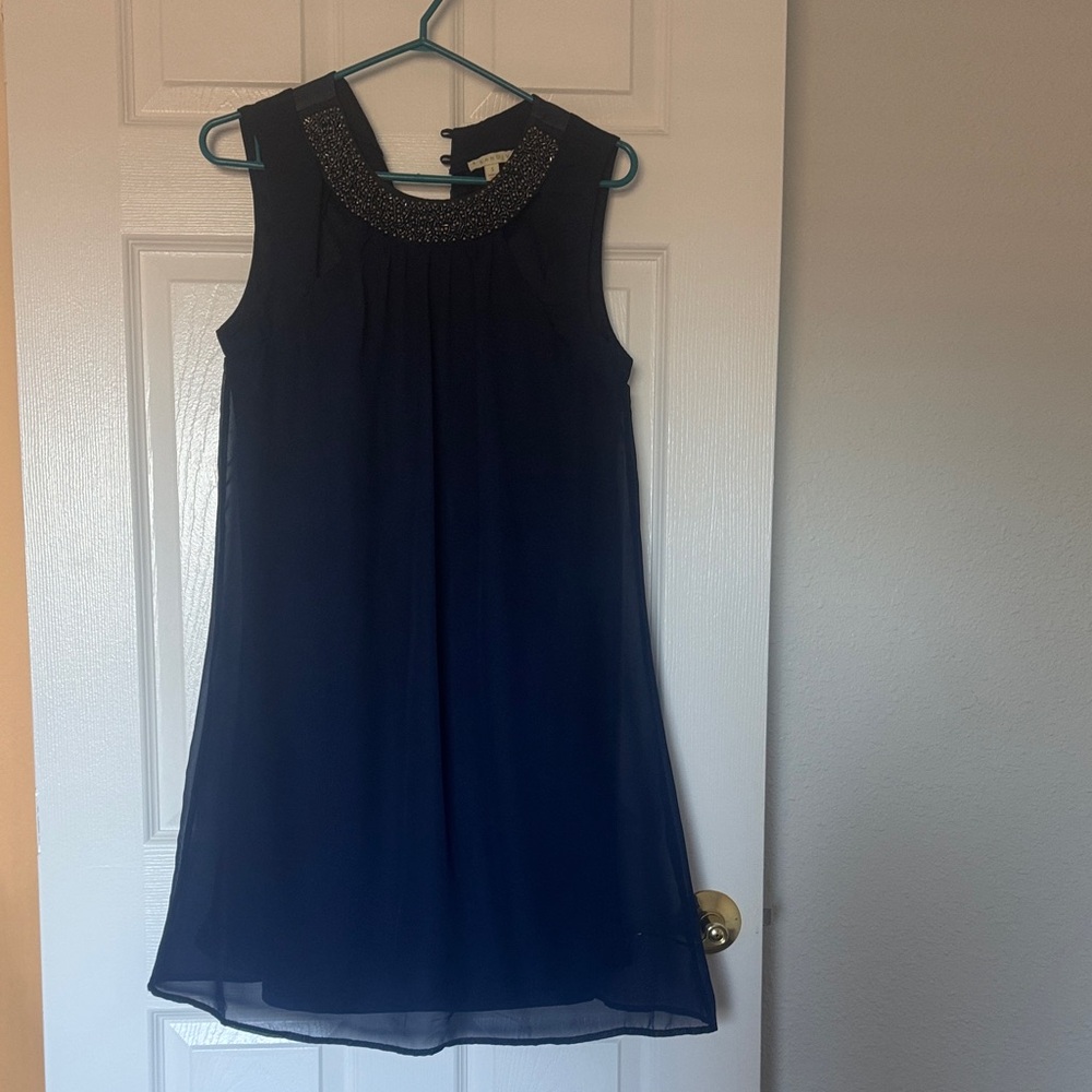 Sandiva Navy Dress with Beaded Neckline